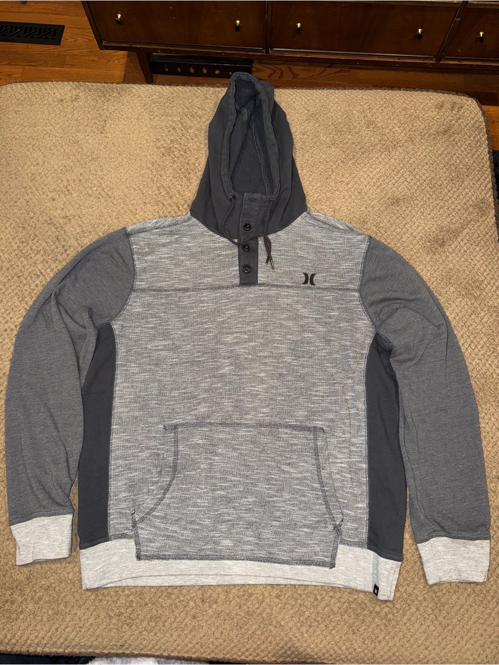 Hurley Men’s Gray Color-block Cotton Blend Hooded Henley Pullover Sweatshirt - L